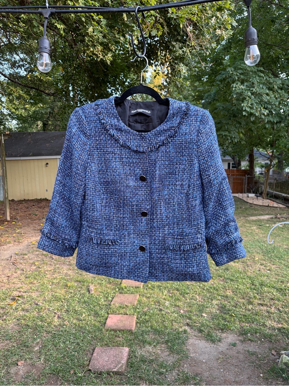 Karl Lagerfeld Paris Women’s Blue Tweed Bouclé Cropped Jacket Blazer Small